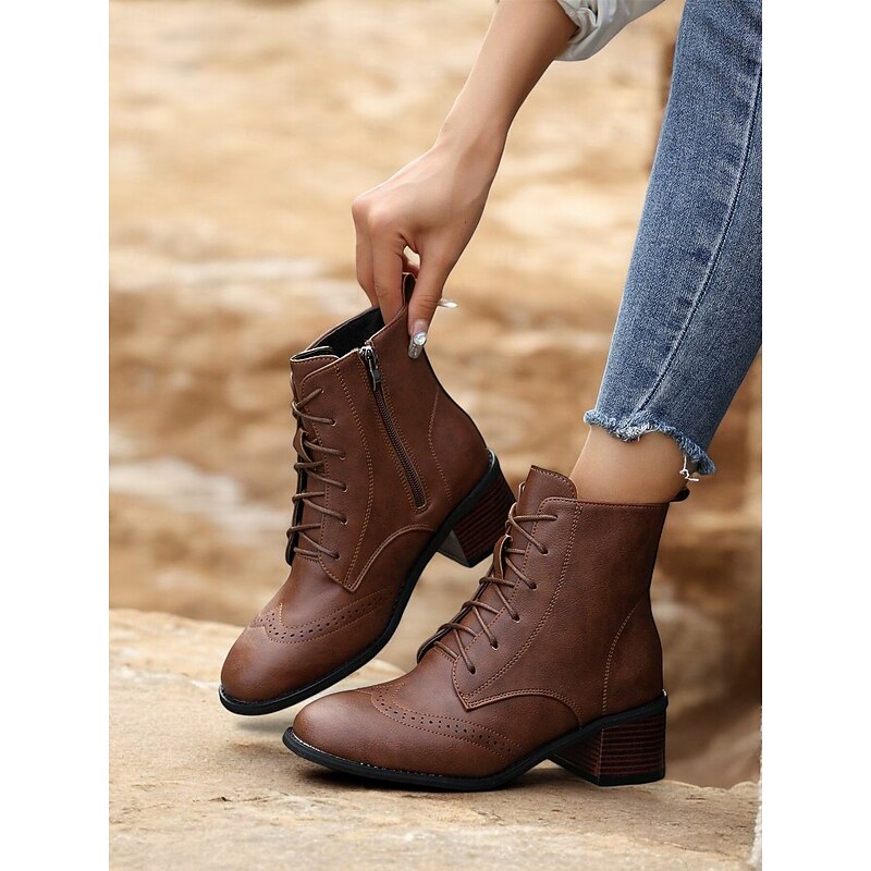 Women's Brown Lace-Up Ankle Boots with Brogue Detailing – Vintage Block Heel Boots for Casual and Everyday Wear4