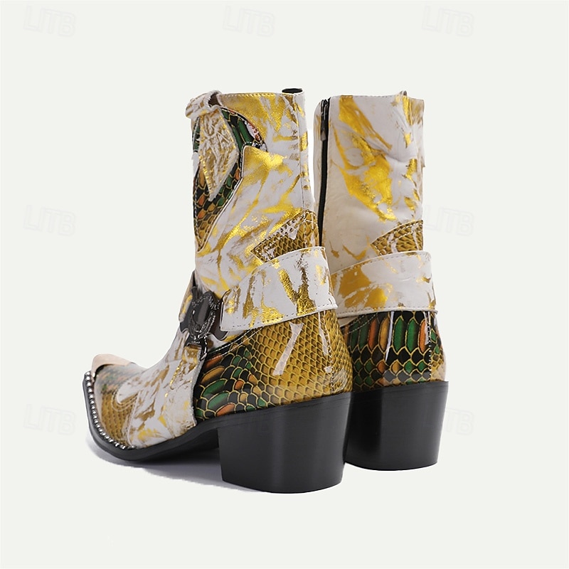 Men's Gold Snakeskin Leather Motorcycle Boots – Western Style Pointed Toe Ankle Boots with Buckle Straps and Bold Metallic Accents 6
