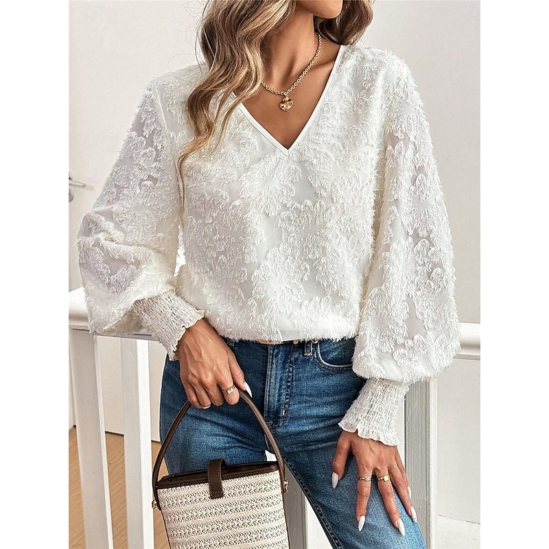 Women's Shirt Blouse Solid Color Basic Casual Long Sleeve Lantern Sleeve V Neck Regular Tops Daily Lace Embroidered White Fall Winter4