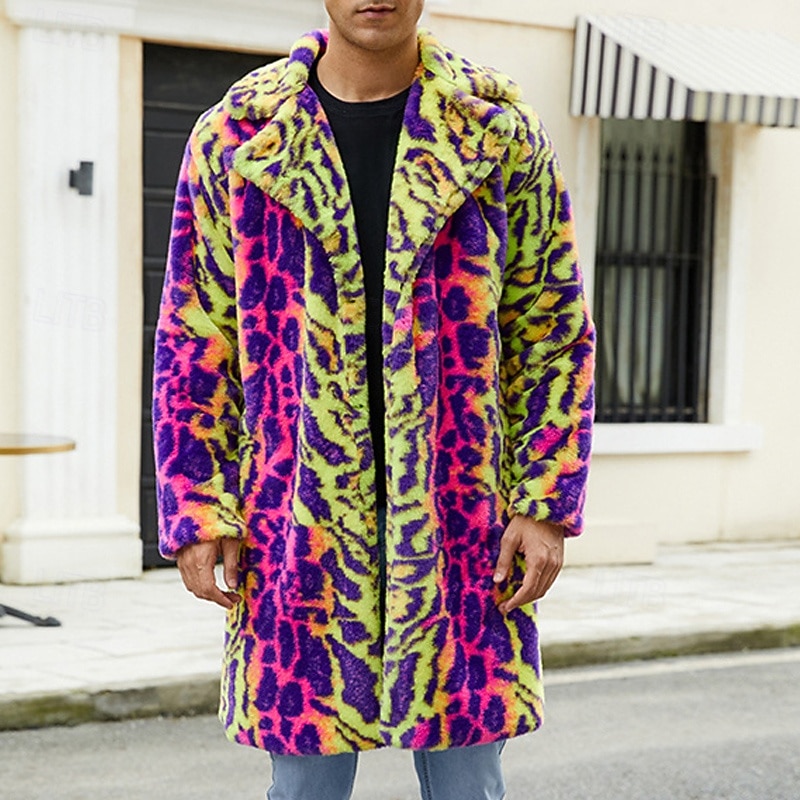 Men's Winter Jacket Fleece Jacket Faux Fur Coat Daily Vacation Thermal Warm Pocket Fleece Fall & Winter Leopard Print Fashion Streetwear Lapel Long Green Jacket2