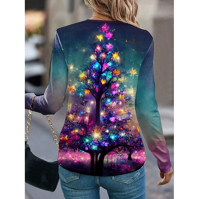 Women's T Shirt Christmas Tree Christmas Long Sleeve Crew Neck Long Tops Christmas Purple Spring, Fall, Winter, Summer2