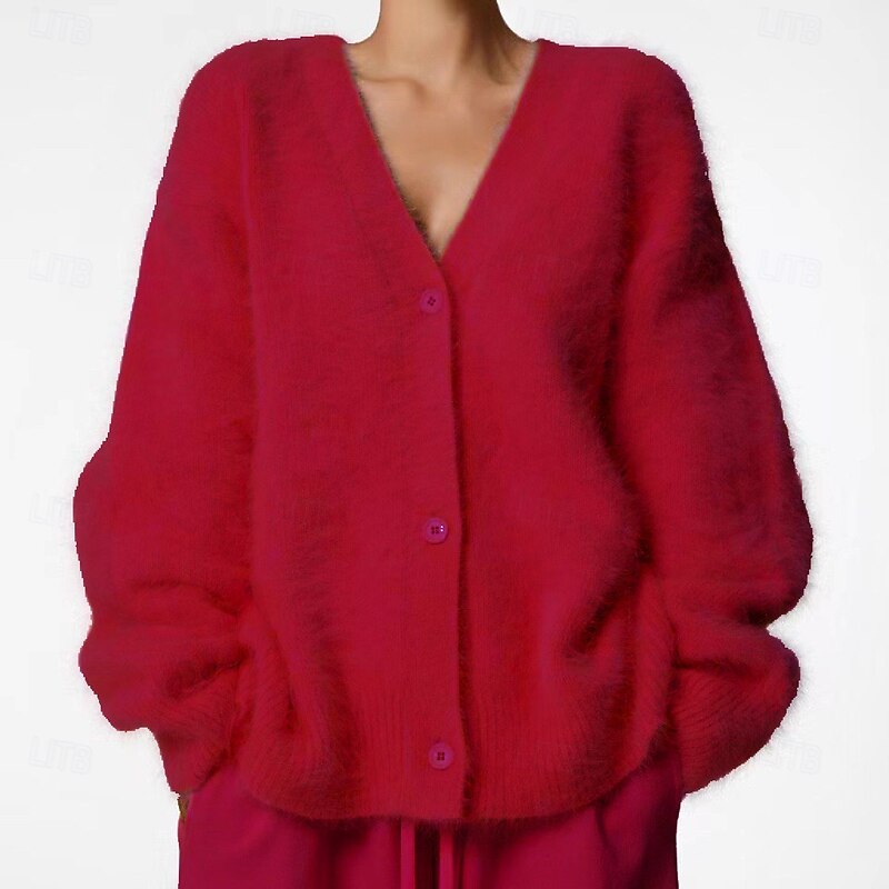 Women's Cardigan Fashion Daily Solid Color Fuzzy V Neck Open Front Knitted Long Sleeve Regular Tops Knit Work White Red Fall Winter2