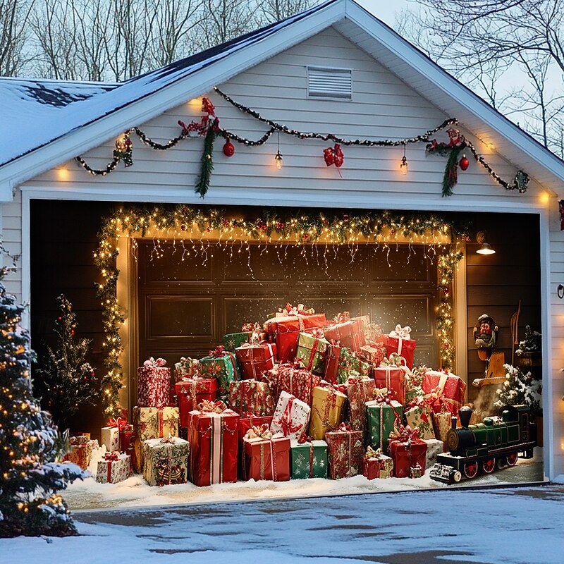 Christmas Door Decorations Outdoor Garage Door Cover Xmas Christmas Gifts Banner Farmhouse Large Christmas Backdrop for Holiday Outdoor Garage Door Home Wall Decorations4