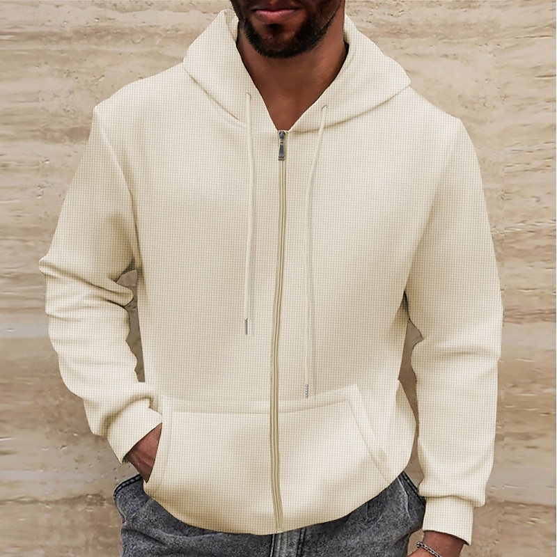Men's Waffle Hoodies Hoodie Full Zip Hoodie Black White Royal Blue Beige Gray Hooded Plain Pocket Sports & Outdoor Daily Holiday Streetwear Cool Casual Spring &  Fall Clothing Apparel Hoodies