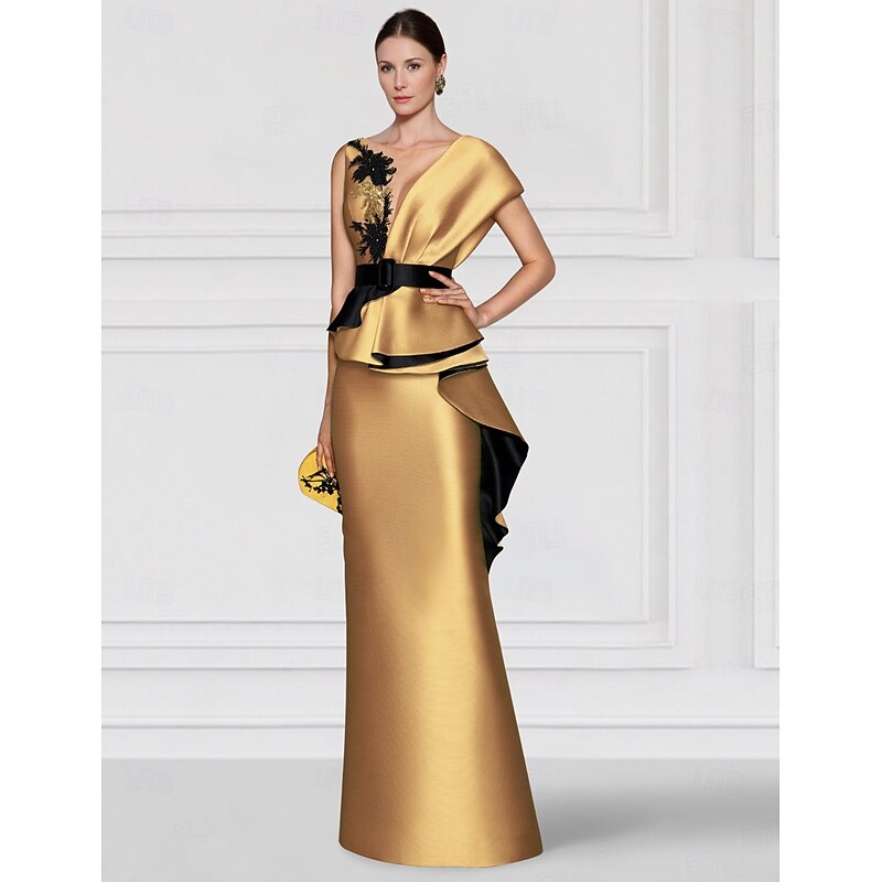 Red Gold Mother of the Bride Embroidered Sheath Evening Gown Elegant Dress Formal Floor Length Sleeveless V Neck Satin with Appliques