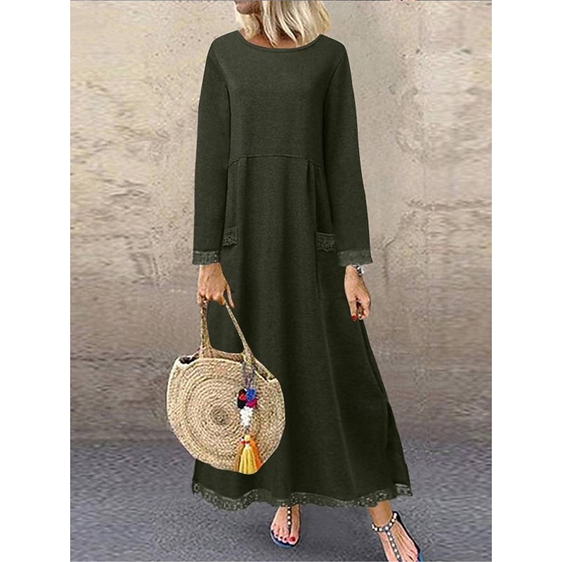 Women's Lace Dress Maxi Dress Lace Patchwork Casual Crew Neck Long Sleeve Black Green Gray Color 5