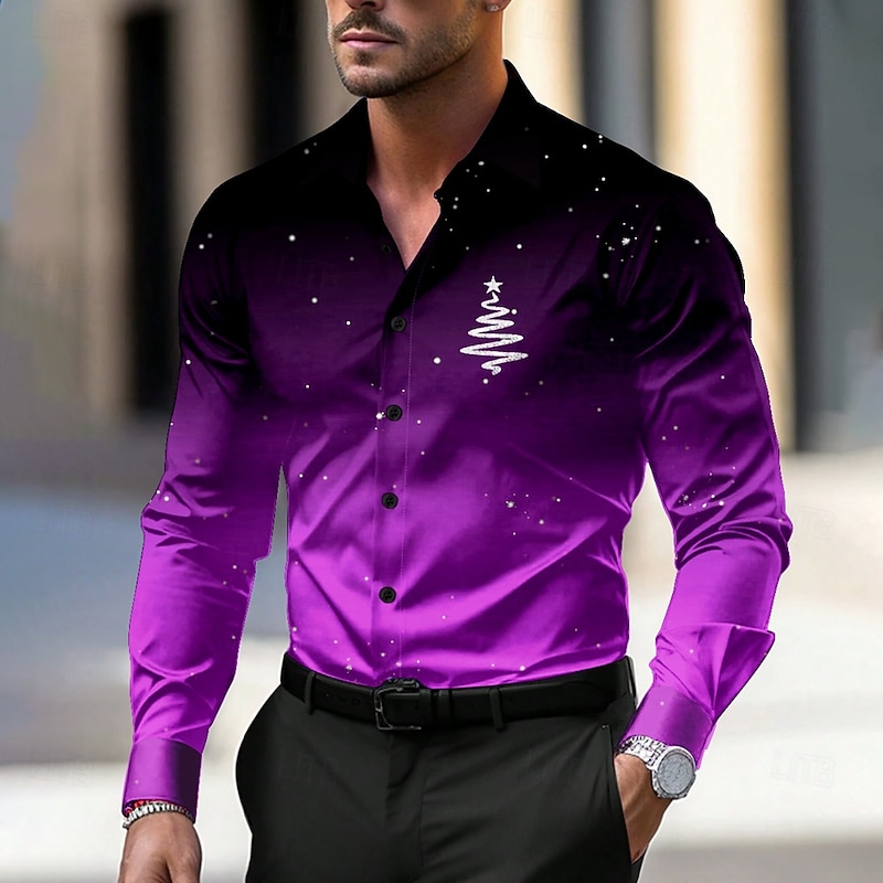 Christmas Men's Tree Shirt Dress Shirt Button Up Shirt Long Sleeve Casual Party Evening Wear Daily Fall Winter Spring & Summer Shirt Collar Button Up 3D Print Light Blue Violet Red Blue Green3
