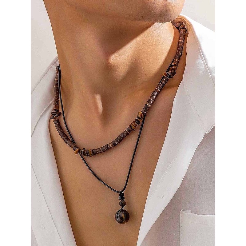 Men's Boho Layered Necklace with Wooden Beads and Pendant – Tribal-Inspired Double-Strand Necklace for Casual and Beachwear Style2