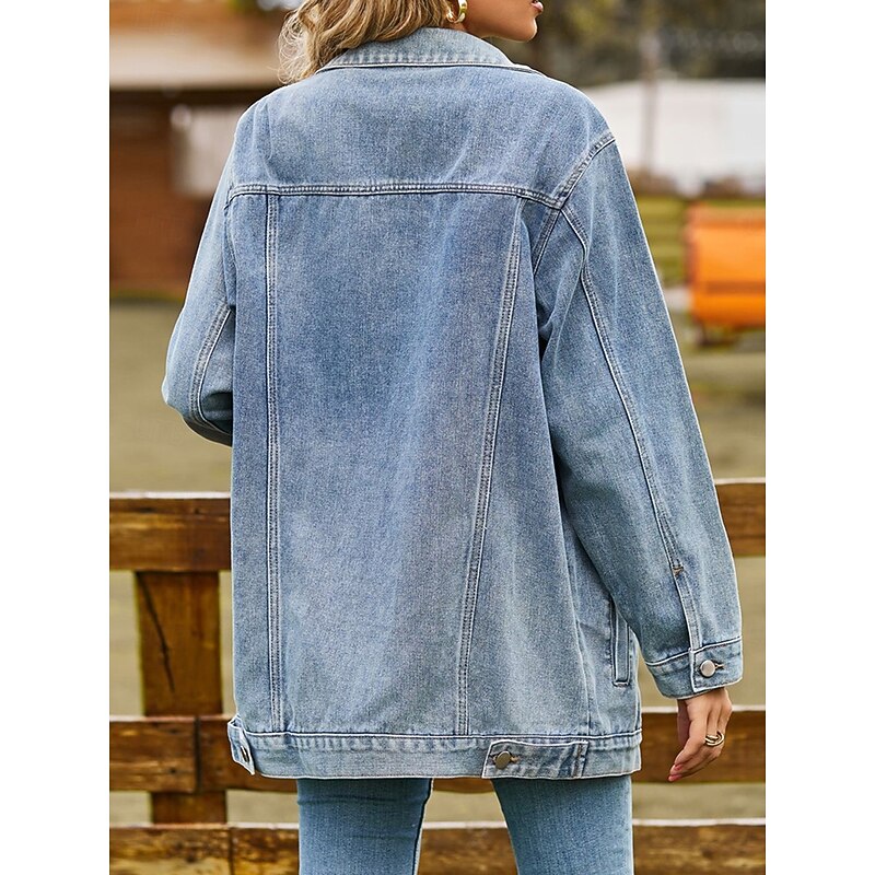Women's Denim Jacket Outdoor Street Daily Wear Fall Winter Regular Coat Regular Fit Thermal Warm Breathable Stylish Casual Jacket Long Sleeve Solid Color with Pockets Light Blue Black Pink2