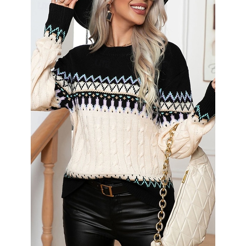 Women's Sweater Pullover Sweater Jumper Fair Isle Sweater Casual Soft Geometric Ribbed Crew Neck Knitted Long Sleeve Regular Tops Knit Outdoor Daily Weekend Black Fall Winter 5