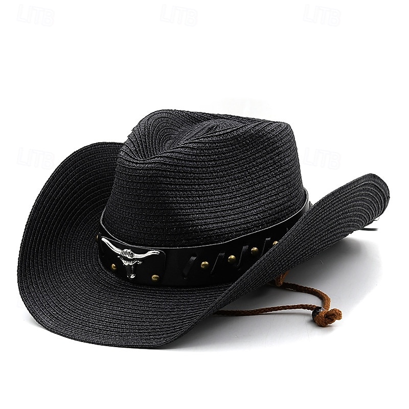 Men's Straw Hat Sun Hat Cowboy Hat Fedora Trilby Hat Black White Straw Rope Vintage Style Fashion 18th Century State of Texas Daily Theme Party Solid / Plain Color Sunscreen Cosplay3