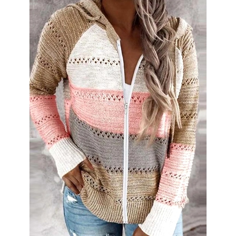 Women's Sweater Pullover Sweater Jumper Casual Soft Striped Ribbed Hooded Knitted Long Sleeve Regular Tops Knit Outdoor Daily Weekend Pink Wine Fall Winter