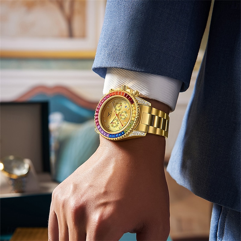 ONOLA Luxury Iced Watches Men Automatic Date Multifunctional Steel Clocks Fashion Rainbow Diamond Quartz Wristwatch4