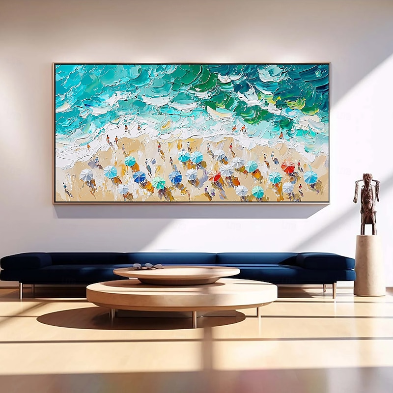 Handmade Original Summer Beach Oil Painting On Canvas Abstract Beach Party Wall Art for Home Decor With Stretched Frame/Without Inner Frame Painting