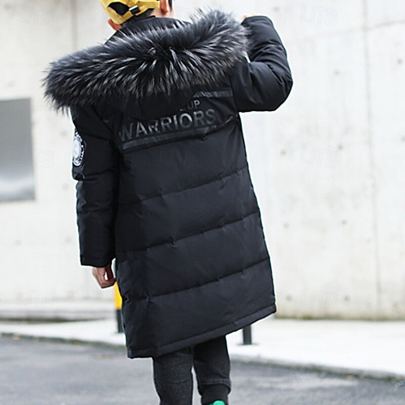 Kids Boys' Down Coat Hoodie Jacket Puffer Jacket Outerwear Letter Long Sleeve Pocket Coat Outdoor Daily Basic Black Red Blue Fall Winter 4 years+3