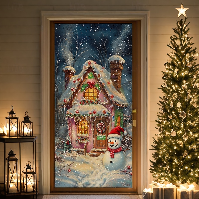 Christmas Door Decorations Door Covers Xmas Snowman House Door Tapestry Door Curtain Decoration Backdrop Indoor/Outdoor Door Banner for Front Door Farmhouse