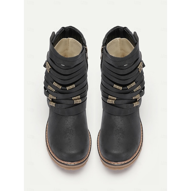 Women's Fringe Ankle Boots - Black Casual Low-Heel Booties with Buckle Strap and Rustic Detailing for Everyday Wear4