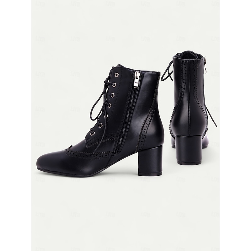 Women's Black Lace-Up Ankle Boots with Brogue Detailing and Block Heel – Vintage-Inspired Combat Boots for Everyday and Formal Outfits2