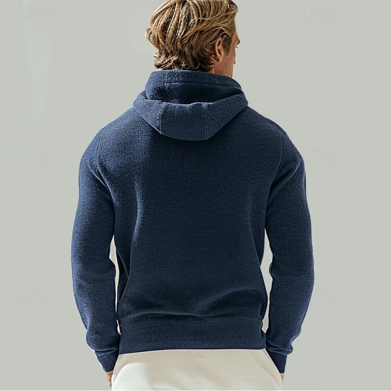 Men's 100% Wool Zip Sweater Solid Color Hooded Knitwear Elegant School Training Clothing Apparel Fall Winter Black White S M L XL2