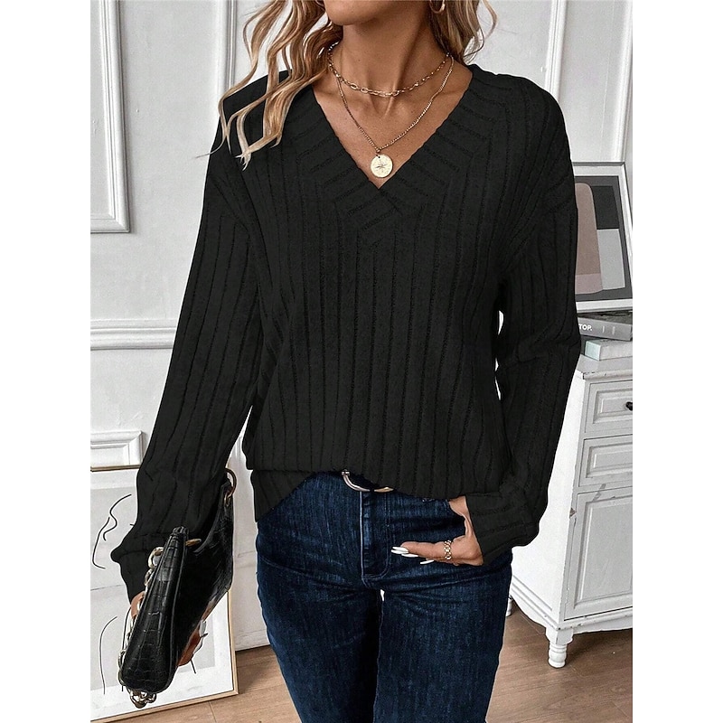 Women's T Shirt Plain Fashion Modern Casual Long Sleeve V Neck Regular Tops Daily Weekend Black Gray Fall Winter4