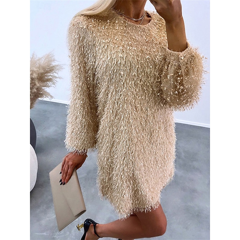 Women's Casual Dress Mini Dress Tassel Fringe Casual Crew Neck Long Sleeve Black Apricot Color