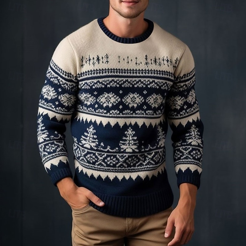 Ugly Christmas Sweater Men's Printed Sweaters Snowflake Print Knitting Pullover Jumper Knitwear New Years Eve Sweater Outdoor Daily Vacation Long Sleeve Crewnecks Navy Blue Blue Dark Blue Fall Winter2