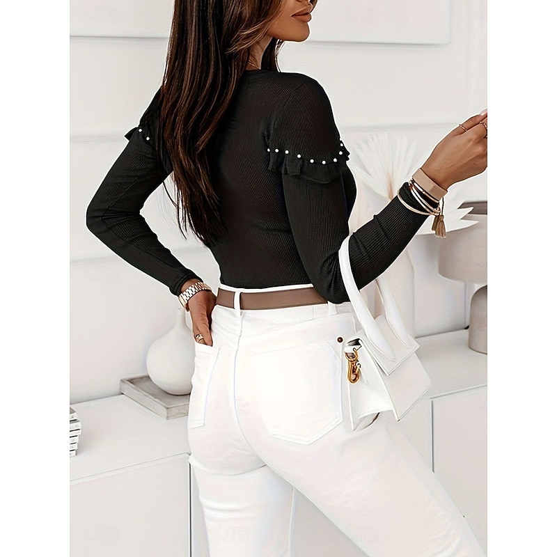 Women's Shirt Blouse Solid Color Basic Casual Long Sleeve Crew Neck Regular Tops Daily Ruffle Patchwork Beaded Black Wine Fall Winter4