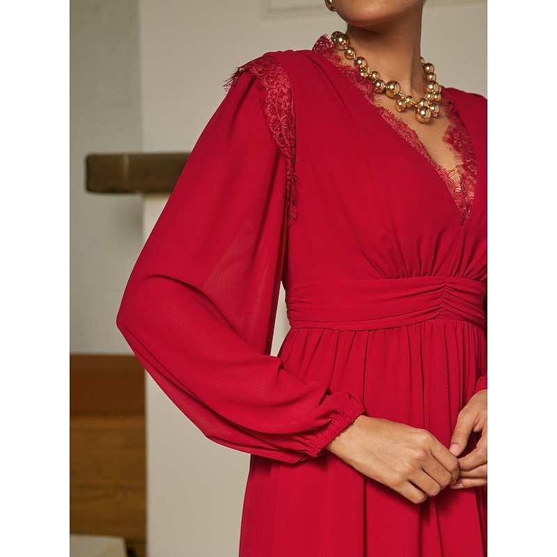 Chiffon Red Lace V Neck Party Maxi Dress3