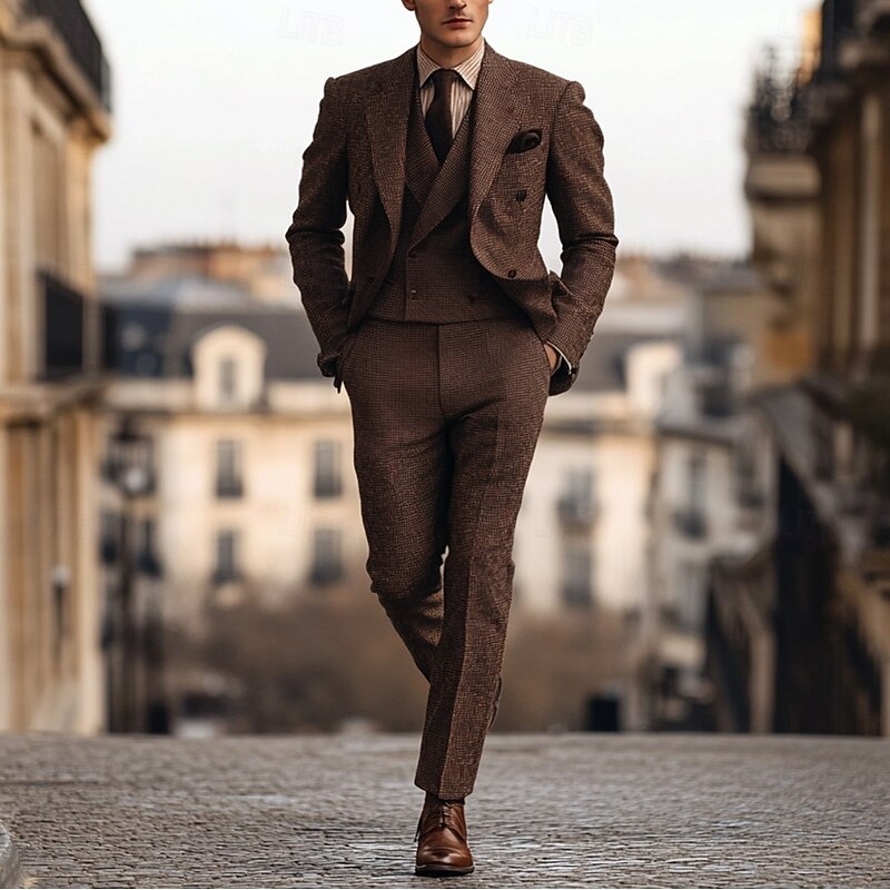 Men's Wedding Prom Tweed Suits Notch Lapel Chocolate Fashion Retro Vintage Herringbone Tailored Fit 3 Piece Double Breasted Six-buttons