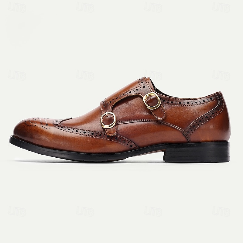 Men's Brown Double Monk Strap Shoes with Brogue Detailing - Premium Cowhide Leather Formal Dress Shoes for Business & Special Events3
