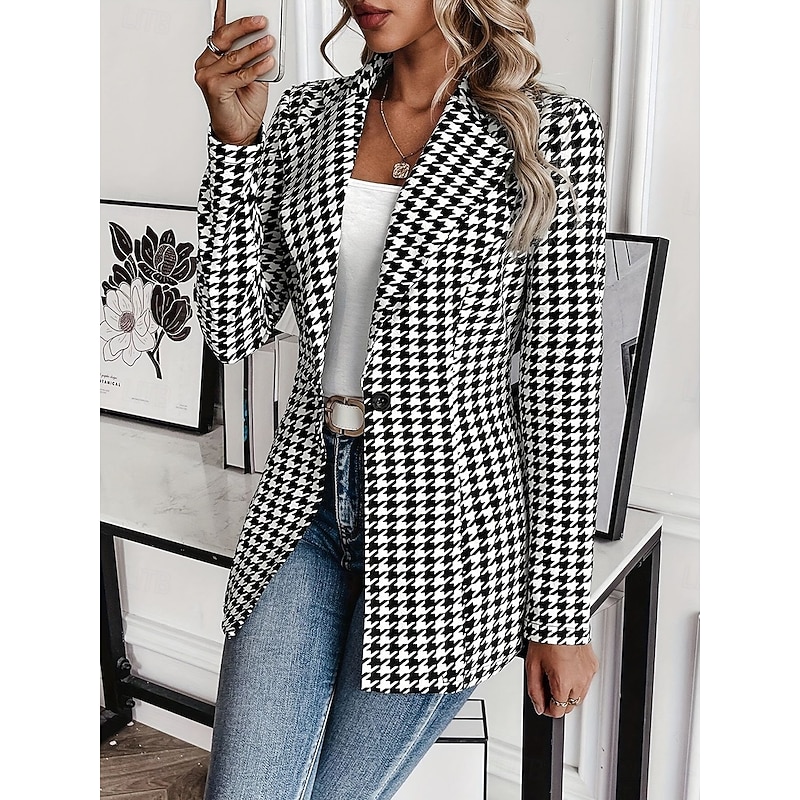 Women's Blazer Outdoor Print Check Breathable Stylish Regular Fit Outerwear Long Sleeve Fall Black S3