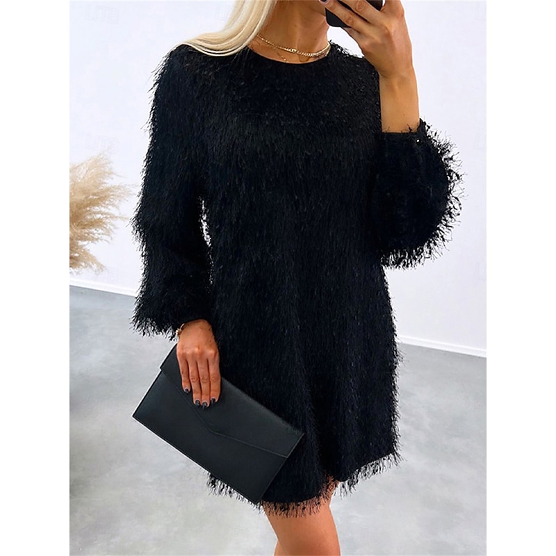Women's Casual Dress Mini Dress Tassel Fringe Casual Crew Neck Long Sleeve Black Apricot Color4