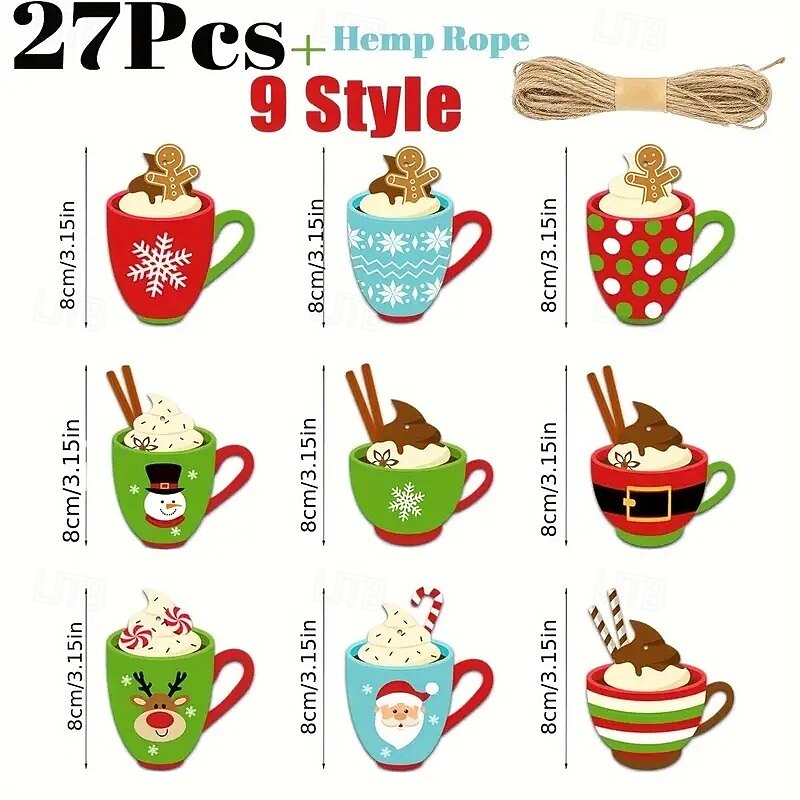 27pcs Christmas Wooden Cup Ornaments, Festive Holiday Hanging Pendants featuring Snowflakes, Santa, and Snowman Designs, Perfect for Xmas Tree Decor, Rustic Wood Decor3