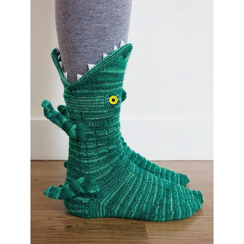 Women's Dinosaur Knit Slipper Socks with 3D Design – Cozy Indoor Winter Socks for Adults and Kids