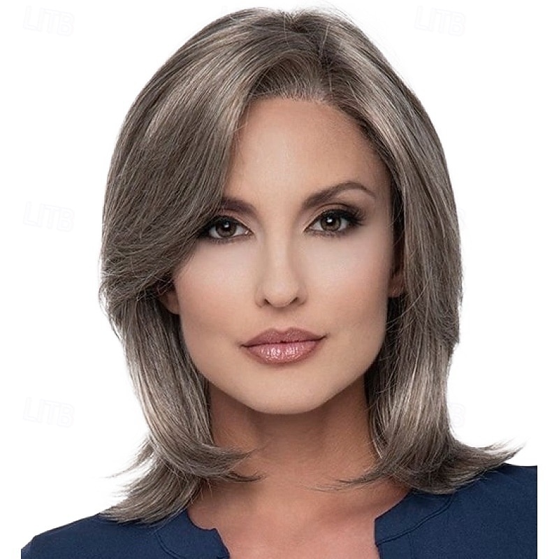 Short Drak Gray Straight Wigs for Women Natural Layered Curly Bob Wigs Side Part Synthetic Hair Wigs for Daily Halloween Party2