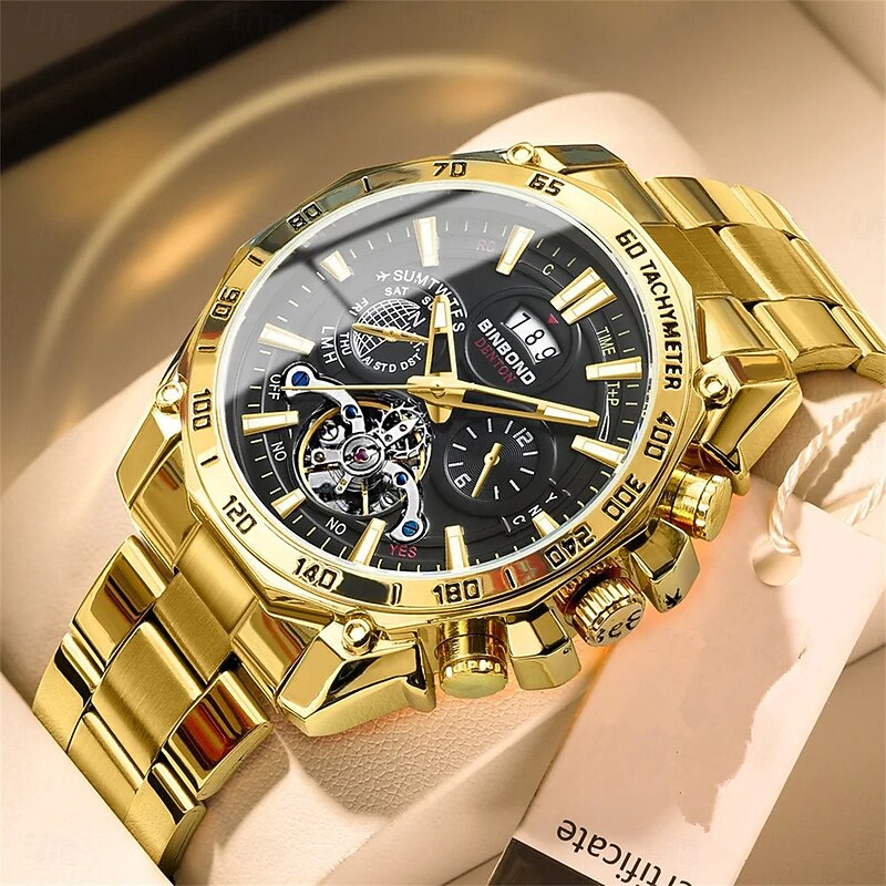 BINBOND Luxury Gold Watch Men Round Japan Quartz stainless steel Waterproof Sports Automatic Date Wrist Quartz Watch B4750
