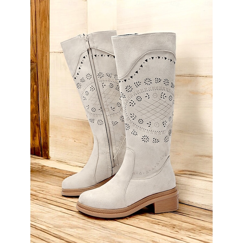 Women's Grey Embroidered Western Cowboy Boots with Laser Cut Detailing – Vintage Style Mid-Calf Riding Boots for Casual and Outdoor Wear4