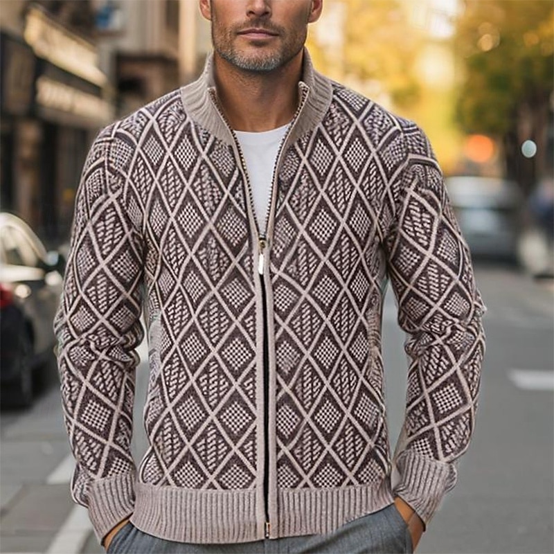 Men's Cardigan Zip Sweater Chunky Knit Regular Zipper Pocket Geometric Standing Collar Knitwear Elegant Home Work Clothing Apparel Bishop Sleeve Spring Fall Black Navy Blue M L XL