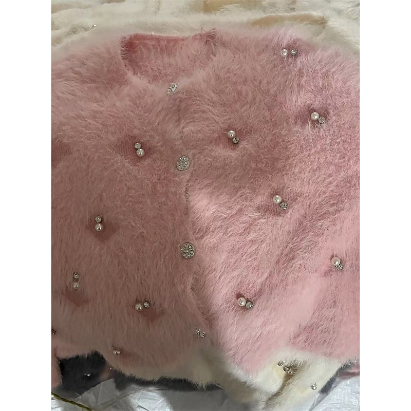 Women's Sweater Cardigan Fuzzy V Neck Ribbed Knit Beaded Fall Winter Daily Weekend Casual Soft Long Sleeve Pure Color Pink Apricot2