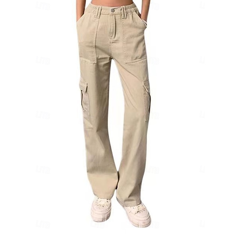 Women's Cargo Pants Chinos Fashion Streetwear Full Length High Waist Plain Pocket Comfy Soft Comfortable Micro-elastic Outdoor Street Black Khaki Gray Spring &  Fall Regular Fit2
