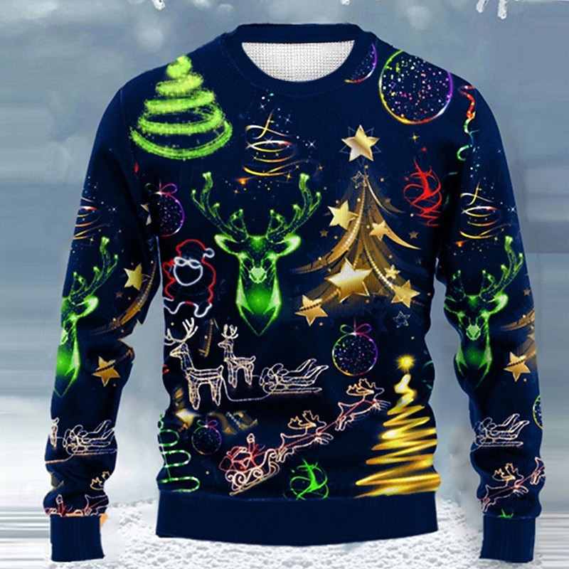 Ugly Christmas Sweater Men's Sweaters Elk Pullover Jumper Knitwear Knitting Print New Years Eve Sweater Outdoor Daily Vacation Long Sleeve Crewneck Fall Winter Army Green Red Ink Blue S M L