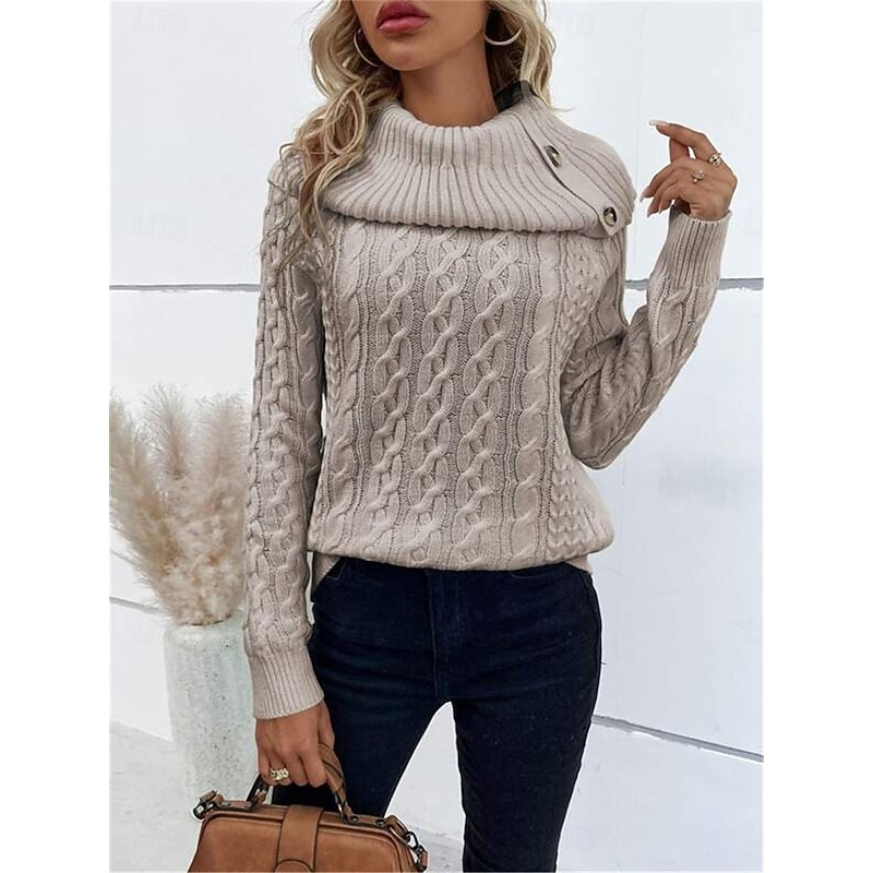 Women's Sweater Pullover Sweater Jumper Casual Soft Pure Color Ribbed Turtleneck Buttons Knitted Long Sleeve Regular Tops Knit Outdoor Daily Weekend Wine Khaki Fall Winter3