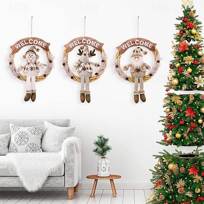 Christmas White Pine Needle Wreath Decorations, Santa Claus and Snowman Figurines, Reindeer Ornaments, Festive Holiday Hanging Wreath for Home Decor4