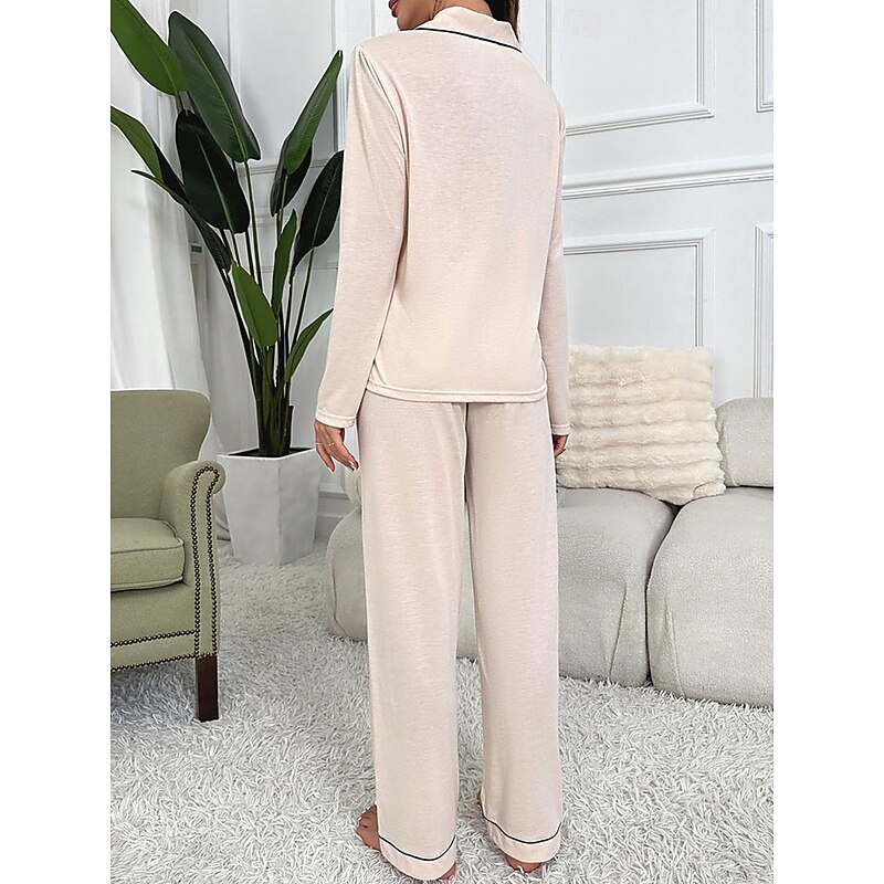 Women's Pajama Set Pure Color Casual Comfort Home Daily Comfort Warm Lapel Long Sleeve Shirt Pant Button Up Elastic Waist Fall Winter Home Outfits2