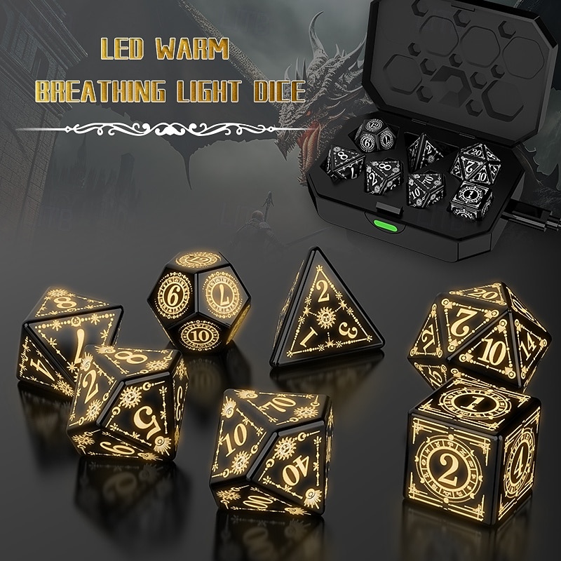 Rechargable DND Dice Light Up Dice 7 PCS Glowing Balanced LED Dice Electronic Dices D&D Dungeons and Dragons Polyhedral Dice Set  Role Playing Table Game