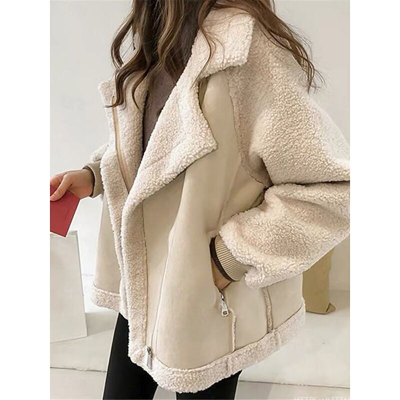 Women's Fleece Jacket Teddy Coat Warm Breathable Zipper Pocket Fleece Lined Casual Plain Vacation Street Daily Wear Going out Zipper Regular Turndown Regular Fit Long Sleeve Outerwear Brown Khaki4