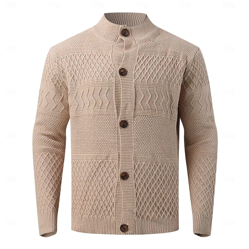 Men's Cardigan Sweater Knit Sweater Cable Knit Regular Button Up Side Pockets Solid Color Collar Fashion Classic Daily Wear Date Clothing Apparel Fall & Winter Beige M L XL2