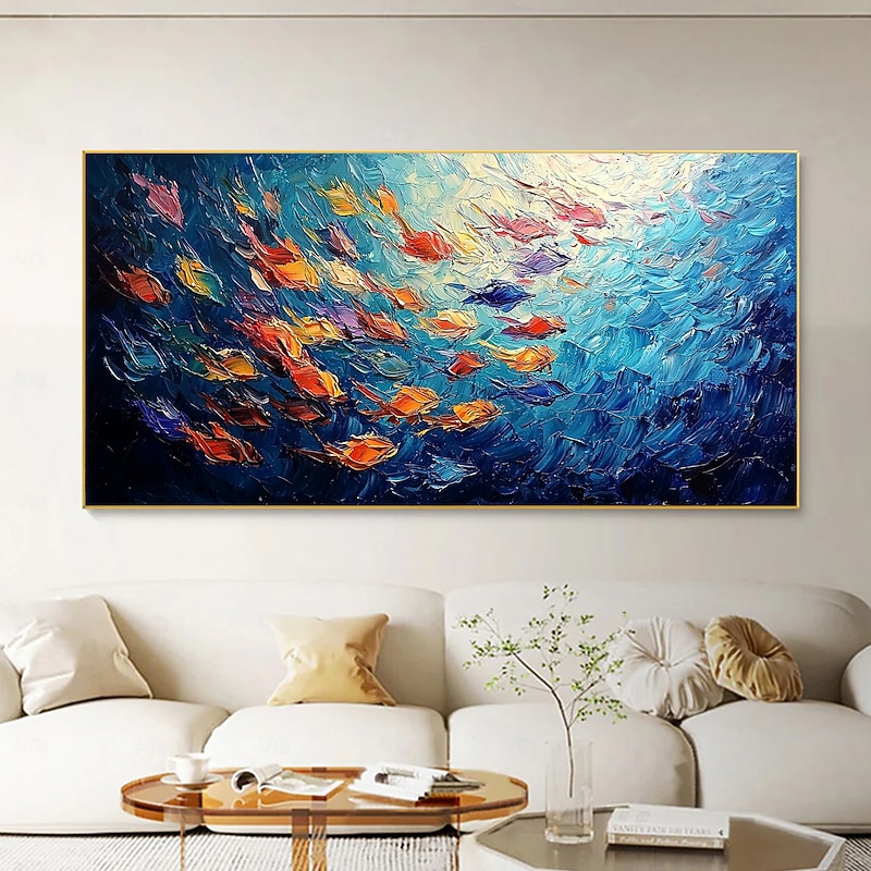 Handmade Original School of Colorful Fish Oil Painting On Canvas Abstract Underwater World Wall Art for Home Decor With Stretched FrameWithout Inner Frame Painting4