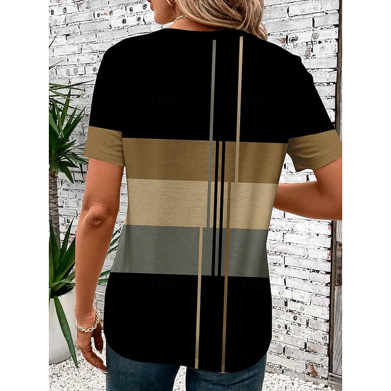 Women's T Shirt Casual Striped Print Short Sleeve Regular Tops Round Neck Daily Green Summer2