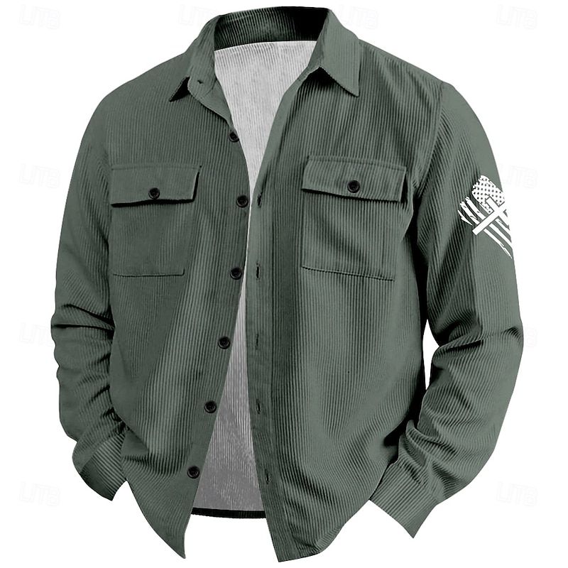 Christmas Men's American US Flag Patriotic Corduroy Shirt Shirt Jacket Overshirt Long Sleeve Vintage Fashion Casual Outdoor Dailywear Holiday Fall & Winter Turndown Collared Shirts Buttons 3D Print 2
